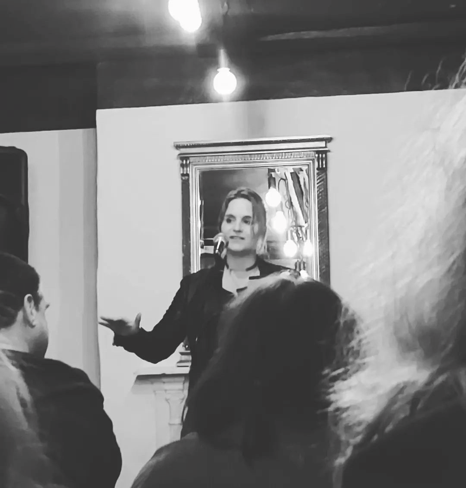 Cathleen Davies performing poetry at ‘Last Poet Standing’, 2023, Norwich.